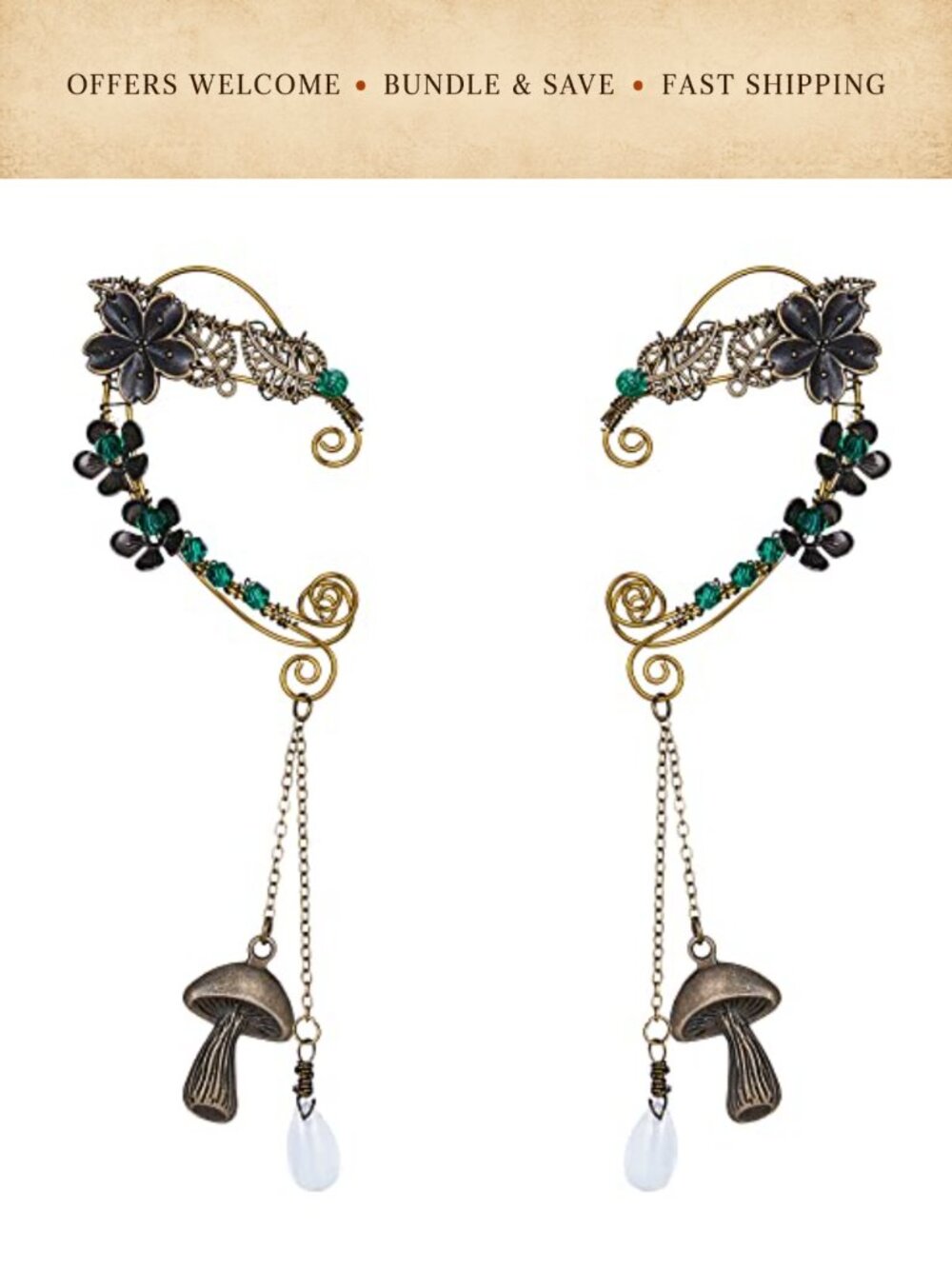 Handmade Bronze Antique Vintage Elf Ear Cuffs Drop Dangling Ear Clips Wrap